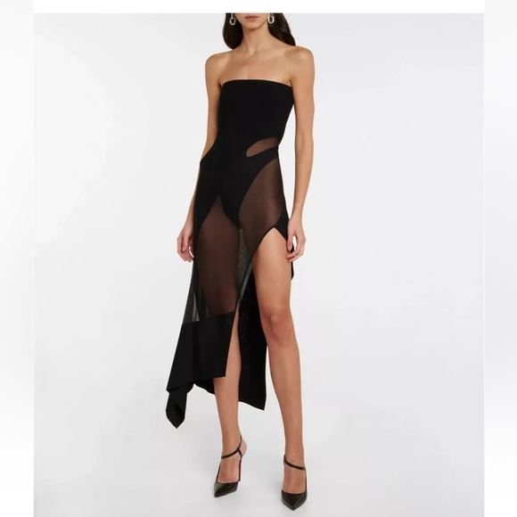 MUGLER Illusion Strapless Crepe De Chine And Tulle Mesh Cut Out Dress Medium - Picture 4 of 17